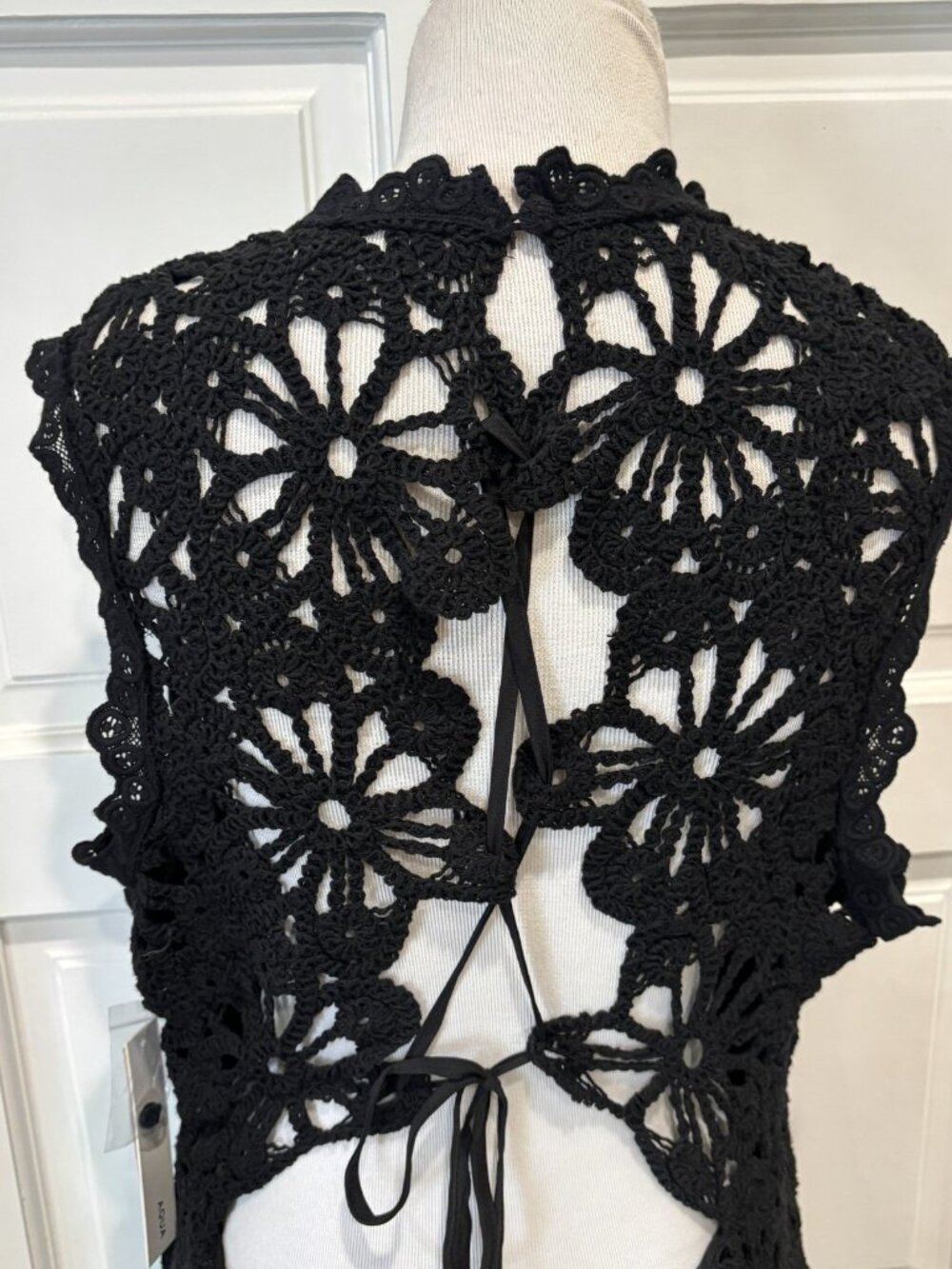 Bloomingdale's Aqua Maxi Dress Womens 2XL Black Crochet Sheer Lining Mock Neck - Picture 3 of 14